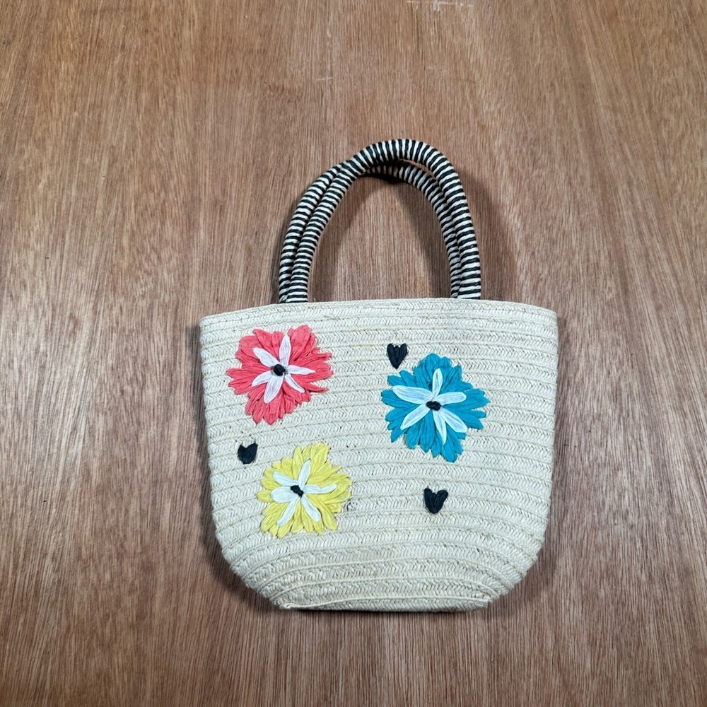Straw Tote Kids OS Beige Floral Woven Striped Handle Summer Bag